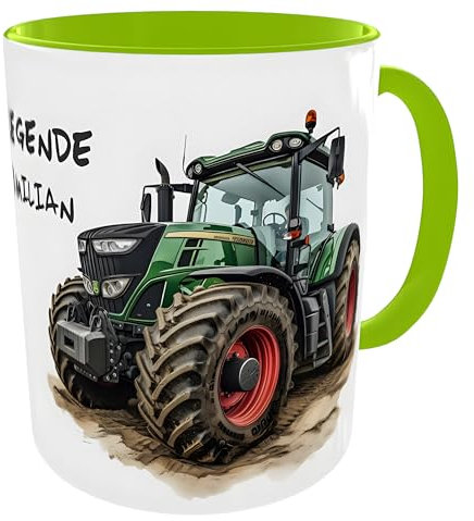Kilala Traktortasse Dorflegende Trecker mit Wunschname Traktor Geschenk Kaffeebecher Bauern Keramik, 330ml, spülmaschinenfest (Traktor dunkelgrün)