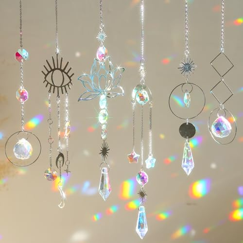 Sonnenfänger Kristall Windspiel,6 Stück Kristall Anhänger Deko,Gold Mond Stern Regenbogen Kristalle Anhänger,Regenbogen Sonnenfänger Kristal,Fensterdeko Hängend für Zuhause Büro Garten Outdoor Deko