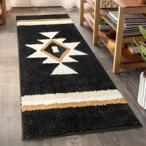 TANVILL Boho-Badezimmerteppich, Läufer, schwarz, Azteken-Badematte, rutschfest, lang, weich, saugfähig, große Bodenmatte für Badezimmer, Eingangsbereich, Dusche, 61 x 129 cm