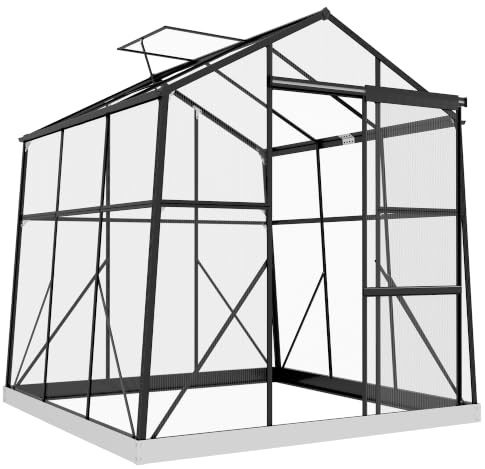 Outsunny Gewächshaus Aluminium mit Fundament 192 x 192 x 204 cm Schwarz | Treibhaus, 3,68 m², Tomatenhaus, Fenster, Schiebetür, Aufzucht Pflanzenhaus, für Garten, Balkon