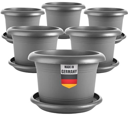 2friends Elegante set di 6 vasi da fiori grande diametro 40 cm – Vaso per piante grande esterno in antracite, con sottovaso, robusto e antigelo, in plastica, per giardino, balcone, terrazza