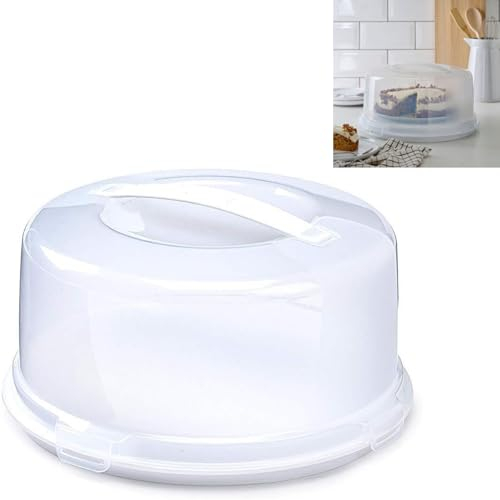 VR7 Cake Box Round/Square Large Plastic Portable Cake Carrier with Handle Cake Storage Container Tin with Lockable Lid Food Cover Box White (1, Round)