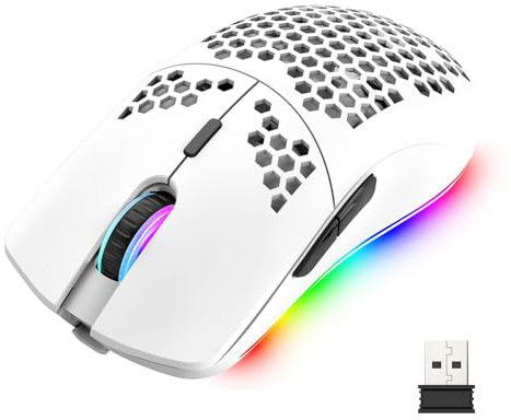 Mengshen RGB Gaming Mouse, Wireless Mice with Lightweight Honeycomb Shell High Precision Optical Sensor Adjustable 3200 DPI Ergonomic for Windows PC & Laptop Gamers (White)