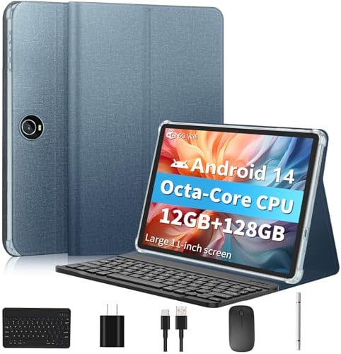11 Inch Tablet Android 14 Tablets, 2024 New GMS Certified, Octa Core Tablet PC with Keyboard/Mouse/Case12GB RAM 128GB ROM 1TB Expand, 8000mAh, Fast Charging, 5GWiFi, BT5.0, FM, GPS (Blue)