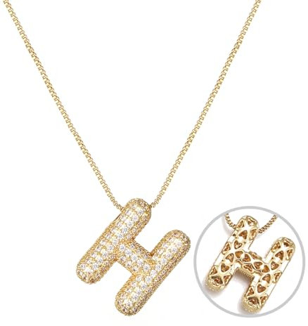 RWQIAN Bubble Buchstaben Kette Gold H Damen Balloon Initialen Haskette Bling Zirkonia Buchstaben Kette Anhänger Blase Letter Schmuck Geschenke für Frauen