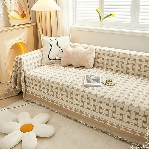 Bishilin Sofabezug 4 Sitzer rutschfest, Überzug Sofa Ecksofa 180x420CM Geometrie Motiv mit Quasten Khaki Couchbezug Katzenschutz Universal