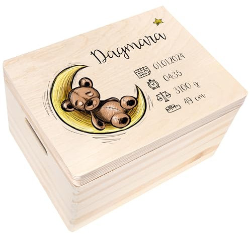 Creative Deco Erinnerungsbox Baby Personalisiert mit Namen | 40 x 30 x 24 cm | Individuelle Erinnerungskiste Geschenk zur Geburt für Mädchen und Jungen | Holzkiste mit Deckel | Farbdruck