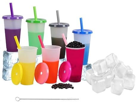 Set de 7 Vasos que cambian de color con tapas y pajitas reutilizables de plástico libre BPA de 700ml vasos grandes para café helado, té, vaso mágico que + 12 cubitaras y sepillo limpia pajita