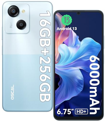 OSCAL Modern 8 Smart Phone, 16GB+256GB ROM/ 1TB TF, Android 13 Smartphone 6000mAh, 90 Hz 6.75 HD+ Large Screen Mobile Phones, Octa-Core, 50MP Camera, Fingerprint/FM/BT5.0/GPS/OTG/Face Unlock - Blue