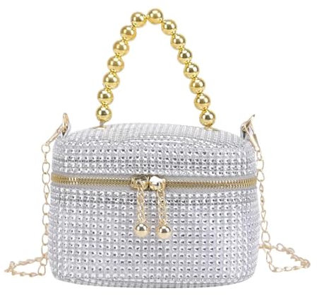 YUEZHAN Abendtasche Damen Clutch Helle Schulter Taschen Perlen Griff Handtasche Damen Tasche Box Kette Schulter Tasche Silber