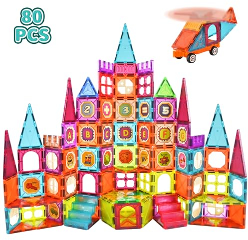 Gavgroom Magnetische Bausteine, 80 Teile Magnetbausteine buntes Magnet Spielzeug Kinder mit 1 Auto, Magnet Bausteine für Kinder ab 3 4 5 6 7 8