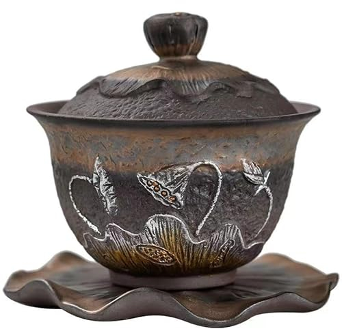 CioNeL Handgefertigtes Gaiwan-Teeservice aus Keramik, 250 ml, traditionelles chinesisches Porzellan-Teegeschirr, Retro-Lotus-Design, Kung-Fu-Teetasse mit Deckel und Untertasse