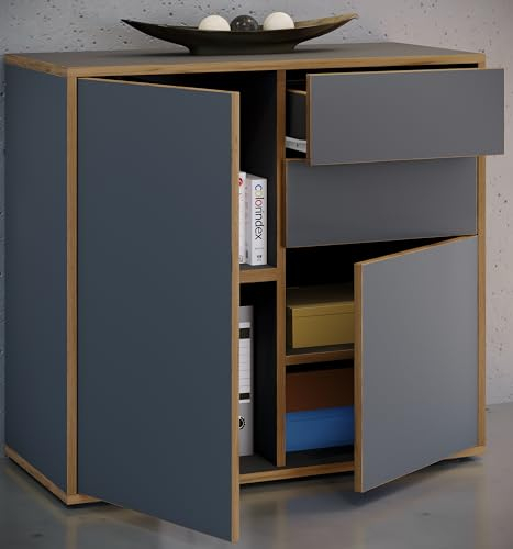 VCM Holz Kommode | Sideboard mit Drehtüren und Schubladen | Büromöbel | H. 74 x B. 80 x T. 33cm - Salia Anthrazit