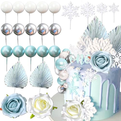 Snowflake Cake Decorations Blue Cake Decoration Flowers Balls Cake Topper for Wedding Birthday Party Supplies