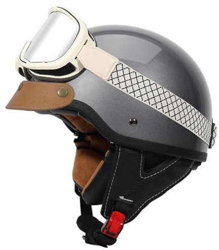 Retro Motorrad Helm Jethelm Roller-Helm DOT/ECE-Zertifizierter Brain-Cap Offenem Motorradhelm Mit Schutzbrille Halbschalenhelm Halbhelme Schutzhelm Für Erwachsene Herren Damen 5,4XL:67-68CM