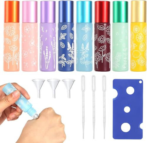 Futuhada 8 Piezas Botellas Roll On Cristal, 10ml Frascos Botellas Rollon para Aceites con Rodillo de Acero Inoxidable, Portátiles Recargables para Perfumes Frascos de Vidrio con Embudo, Cuentagotas