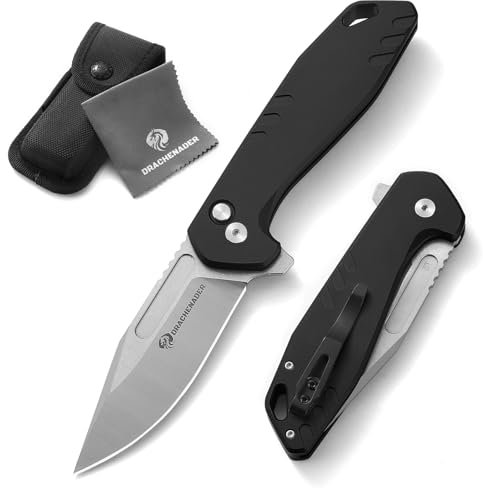 DRACHENADER B-FENG Taschenmesser, Klappmesser mit Buttonlock, D2 Stahl, Aluminium Griff, Einhandmesser mit Clip, Nylon Tasche für Outdoor