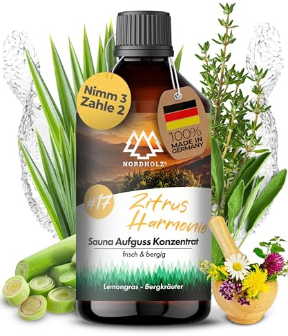 NORDHOLZ® Saunaaufguss 250ml [60 Sorten] Sauna Aufgussmittel Konzentrat | Sauna Duft · #17 Zitrus Harmonie · Lemongras & Bergkräuter · zitrisch · Mit ätherischen Ölen · Made in Bayern