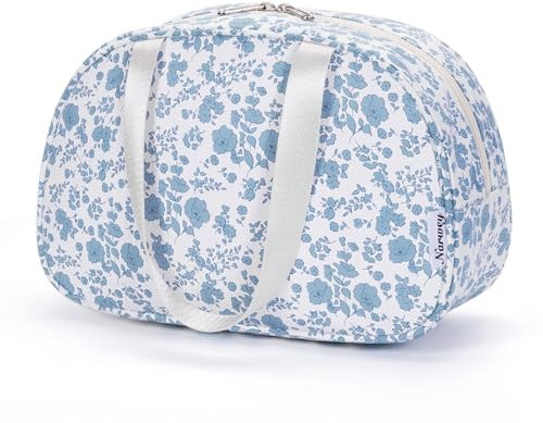 Kulturtasche Damen Gross, Kulturbeutel Groß Damen Kosmetiktasche Volle Größe Waschtasche Make up Tasche Organizer für Kinder and Frauen (Kleine Blaue Blume)