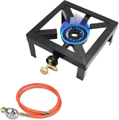 Yunzkuk Hornillo de gas para camping, 8000 W, de hierro fundido, estufa de camping de 24,5 x 24,5 x 11 cm, con manguera de gas de 1,5 m y regulador de presión de gas de 50 mbar, regulador constante