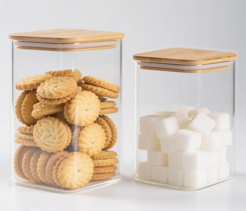 HomeyHoney 2 Stück Vorratsgläser mit Deckel,Vorratsdosen Glas mit Bambusdeckel, klare Küchenbehälter für Nudeln, Kaffee, Zucker, Süßigkeiten, Kekse, Snacks (Quadratisch, 1130ml, 590ml)