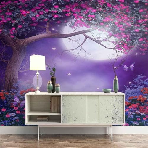 Purple Sky Flowers Moon Butterflies 3D Wallpaper Home Study Office Grey Dining Room Sofa Bedroom Living Room TV Backdrop-200cm×140cm