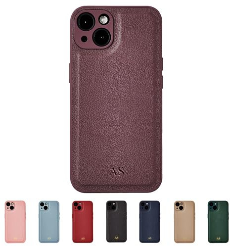 Tirita Personalised Leather Phone Case for iPhone 13 Pro – Leather Burgundy Case or Cover With Custom Initials – Cute Personalised Gift for Men or Women [10. Burgundy Embossed (No Gold) Initials]