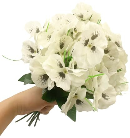 DODXIAOBEUL Künstliche Seidenblumen, Stiefmütterchen, UV-beständig, Kunststoffpflanzen für Zuhause, Hochzeit, Garten, Veranda, Tischdekoration, Innen- und Außenbereich, Weiß, 6 Bündel