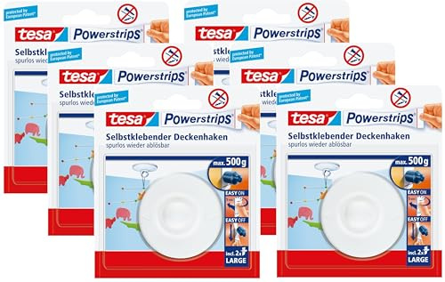 tesa Powerstrips Deckenhaken - Selbstklebender Haken in Weiß zum Aufhängen von Decken-Dekoration Powerstrips Large - Bis zu 500 g Halteleistung (Auf glatten Oberflächen, 6er Pack)