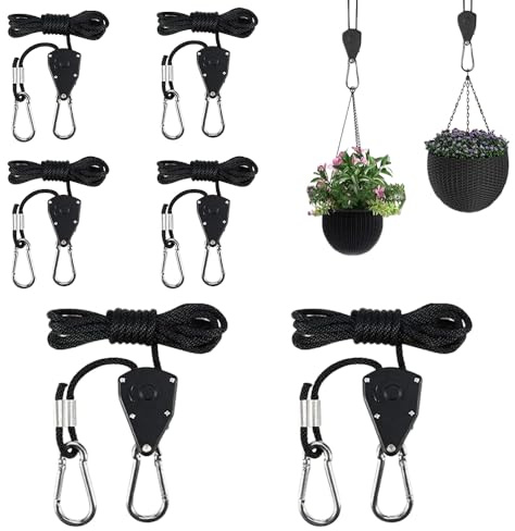 6 Pack Heavy Duty Ratchet Hangers | 1/8 Inch Adjustable Grow Light Rope Hangers up to 75lbs/34kg per Pair for Grow Plant Fan Light