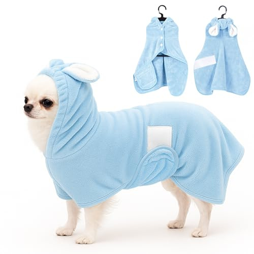Fnaobai Pet Bathrobe Towel Dog Cat Drying Coat Super Absorbent Cute Dogs Bath Towel Hooded Robe Adjustable Collar & Belly Strap for XSmall to XLarge Pets (Blue, XS)