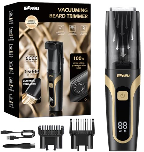 Kiavox Beard Trimmer Men Rechargeable, Vacuum Stubble Trimmer for Facial Hair and Mustache, Wet & Dry Electric Cordless Beard Trimmer for Men with Adjustable Length Comb, LCD Display (Black)