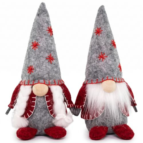 hausleben Weihnachtswichtel 35 cm 2er Set–Skandinavische Tomte Figuren | Stoff-Pärchen mit Filzmütze, Bart & Zöpfen in Grau & Rot – Deko zum Aufstellen für Kamin, Tisch, Fensterbank & Büro