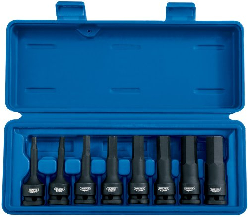 Draper 26439 Expert Impact Hexagonal Socket Bit Set, 1/2 Square Drive, 5mm-19mm, 78mm Long, 8 Pieces , Blue