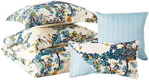 Tribeca Living Floral Printed Queen Cotton Duvet Cover Set, 300 Thread Count, Oversized, Five Piece Set Includes Duvet Cover, Sham Pillowcases and Decorative Pillows, Casablanca/Beige