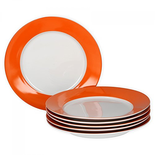 van Well Vario Frühstücksteller-Set 6-teilig - Teller-Service für 6 Personen - Kuchen-Teller mit Ø 20cm - Porzellan-Set weiß mit Rand in Orange - Dessert-Teller-Set mikrowellengeeignet