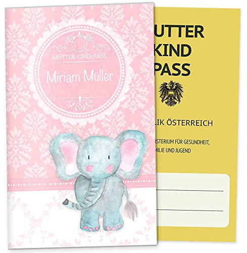 OLGS Mutterkindpass-Hülle Österreich Little Lady - Rosa 3-teilige, namenspersonalisierte Schutzhülle für Muki-Pass mit Elefantenmotiv