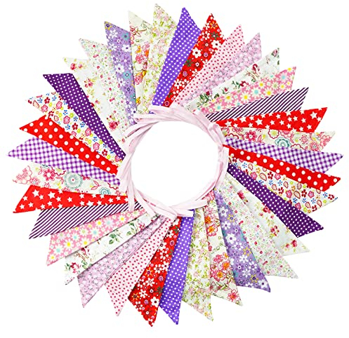 G2PLUS Süße Beidseitig Wimpel Girlande, 10M Bunting Wimpelkette Stoff, Rot und Lila Stoffgirlande mit 36 STK Farbenfroh Wimpeln für Hochzeits Geburtstag Party