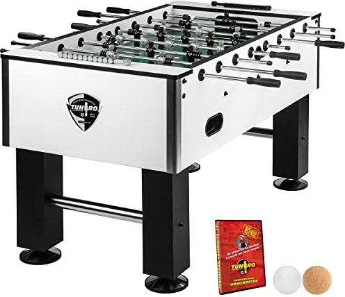 TUNIRO Tischkicker Basic/Pro, vormontiert, BTFV Zertifiziert, 4 Dekorvarianten, schadstoffgeprüft, inkl. DVD + Bälle, Kicker-Tisch Tischfussball