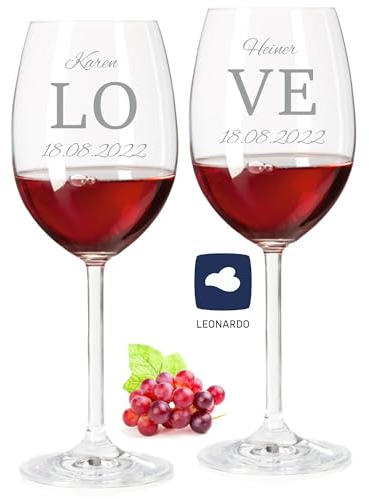 laser-diele Leonardo Weingläser mit Gravur - LOVE - Personalisiert mit Namen und Datum - Hochzeitsgeschenk für das Brautpaar - 460ml Rotwein