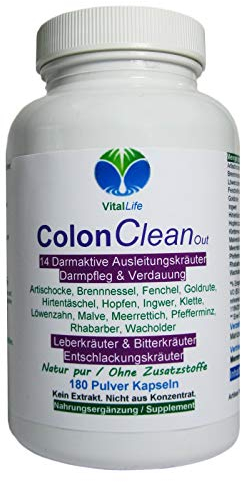 Colon Clean Out 14 Kräuter. 180 Darm Aktiv Kapseln. DARMFLORA pflegen + natürliche Darmreinigung + Darm-Entgiftung + Verdauung & Entschlackung unterstützen. Natur pur. 26540-180