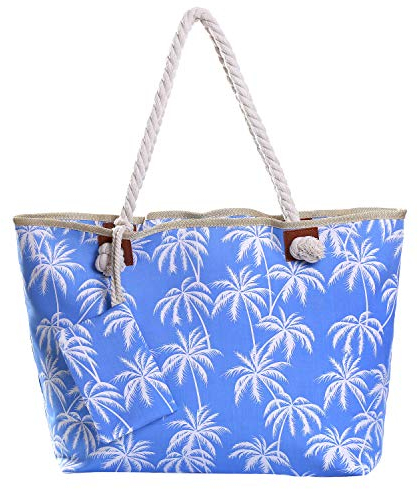DonDon Strandtasche mit Reißverschluss, Große Strandtasche XXL, Shopper Tasche Damen - Praktische Beach bag Umhängetasche Damen Badetasche für Strand und Meer - gestreift Palmen weiß blau