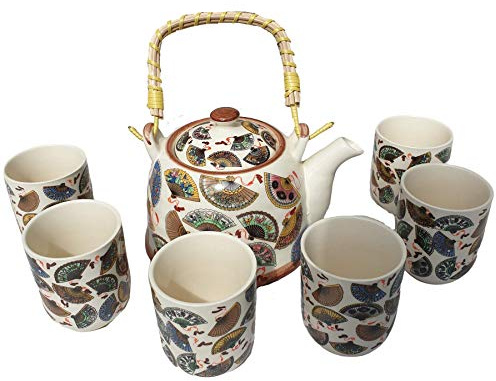 Herbal Teapot Set - Chinese Fans.Metal Strainer 6 Matching Cups