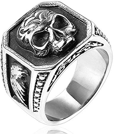 BlackAmazement 316L Edelstahl Ring Massiv Totenkopf Skull Adler Silber schwarz Schild Biker Herren (60 (19.1))