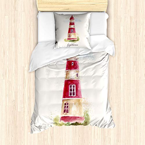 ABAKUHAUS Leuchtturm Bettbezug Set für Einzelbetten, Pastell Aquarelle, Milbensicher Allergiker geeignet mit Kissenbezug, Hellbeige Rot
