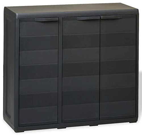 Armario Bajo de jardín, Armario de Exterior con 3 puertas y 2 Estantes ajustable, Armario de almacenamiento de Plástico 97 x 38 x 87 cm, Negro