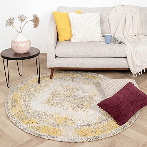 FRAAI | Home & Living Teppich Vintage Rund - Admire Gelb Ø 100cm - Baumwolle - Flachgewebe - Vintage - Orientalisch - Wohnzimmer, Esszimmer, Schlafzimmer - Rug