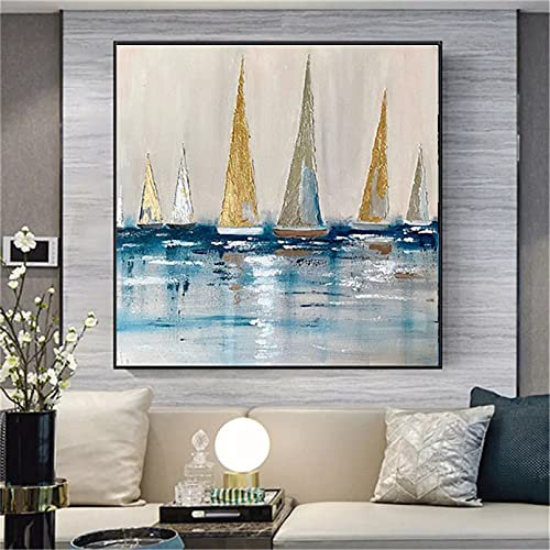 Lienzo Decorativo Pintura al óleo Pintada a Mano lámina de Oro lámina de Plata Pintura Arte velero Paisaje Marino mar Pintura de Lienzo Abstracta moderna-40x60cm