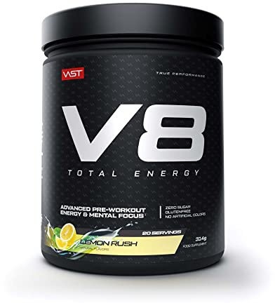 V8 Total Energy – Pre Workout Booster – Trainingsbooster – CarnoSyn®, BetaPower®, natürliches Koffein – Vegan – Zuckerfrei – 20 Portionen – Made in Germany – Lemon Rush