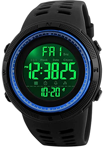 SKMEI Digitale Herren-Sportuhr, 50 m, wasserdicht, LED, Militär, Multifunktion, Smartwatch, Stoppuhr, Countdown, automatischer Datumsalarm, schwarz / blau, Chronograph, Digital, Smartwatch